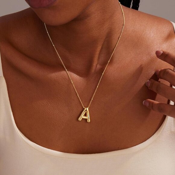 Gold Bubble Letter Necklace for Women, Dainty 14K Plated Balloon Initial Pendant - Picture 3 of 7